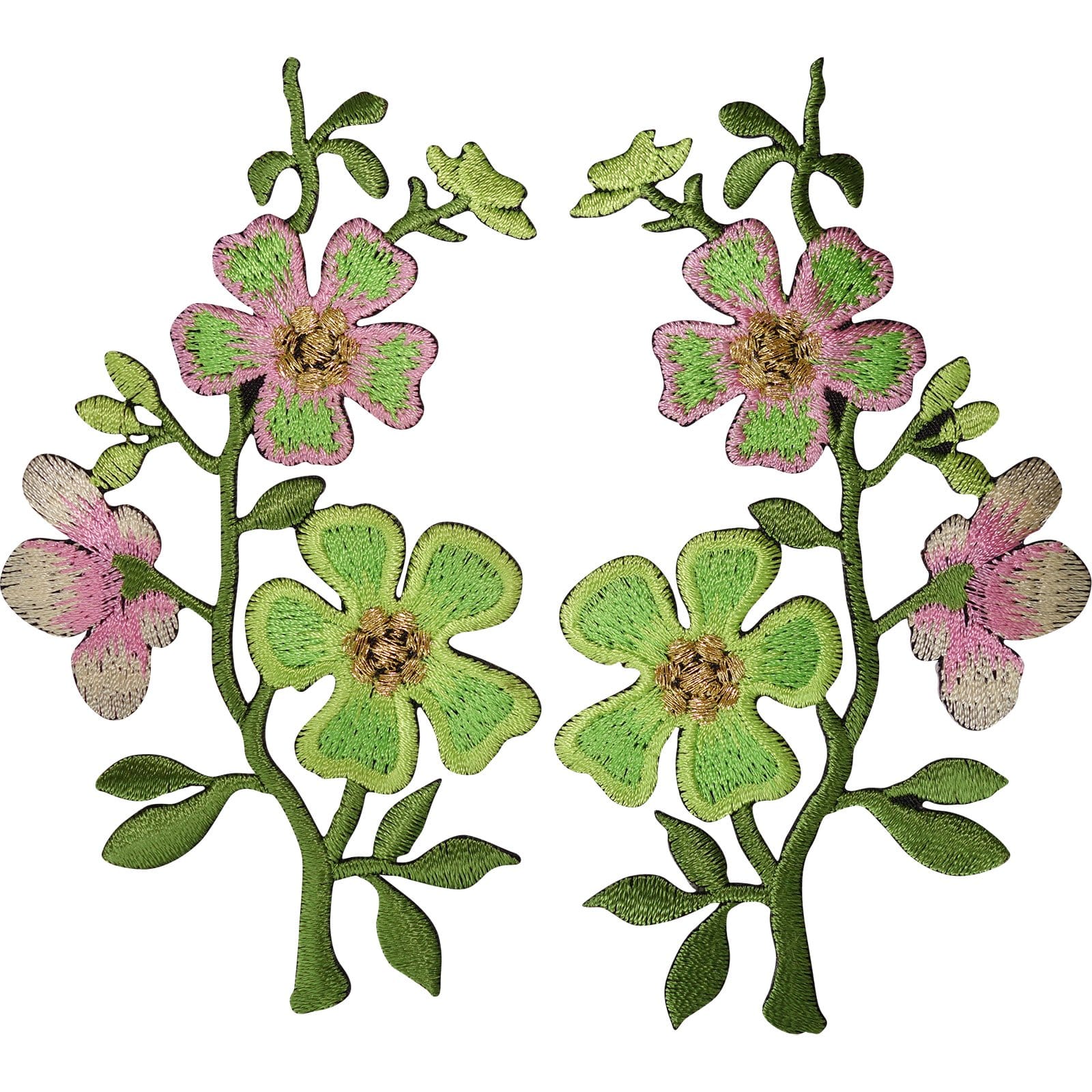 Pair Of Pink Green Flower Patches Iron On Sew On Flowers Embroidered P