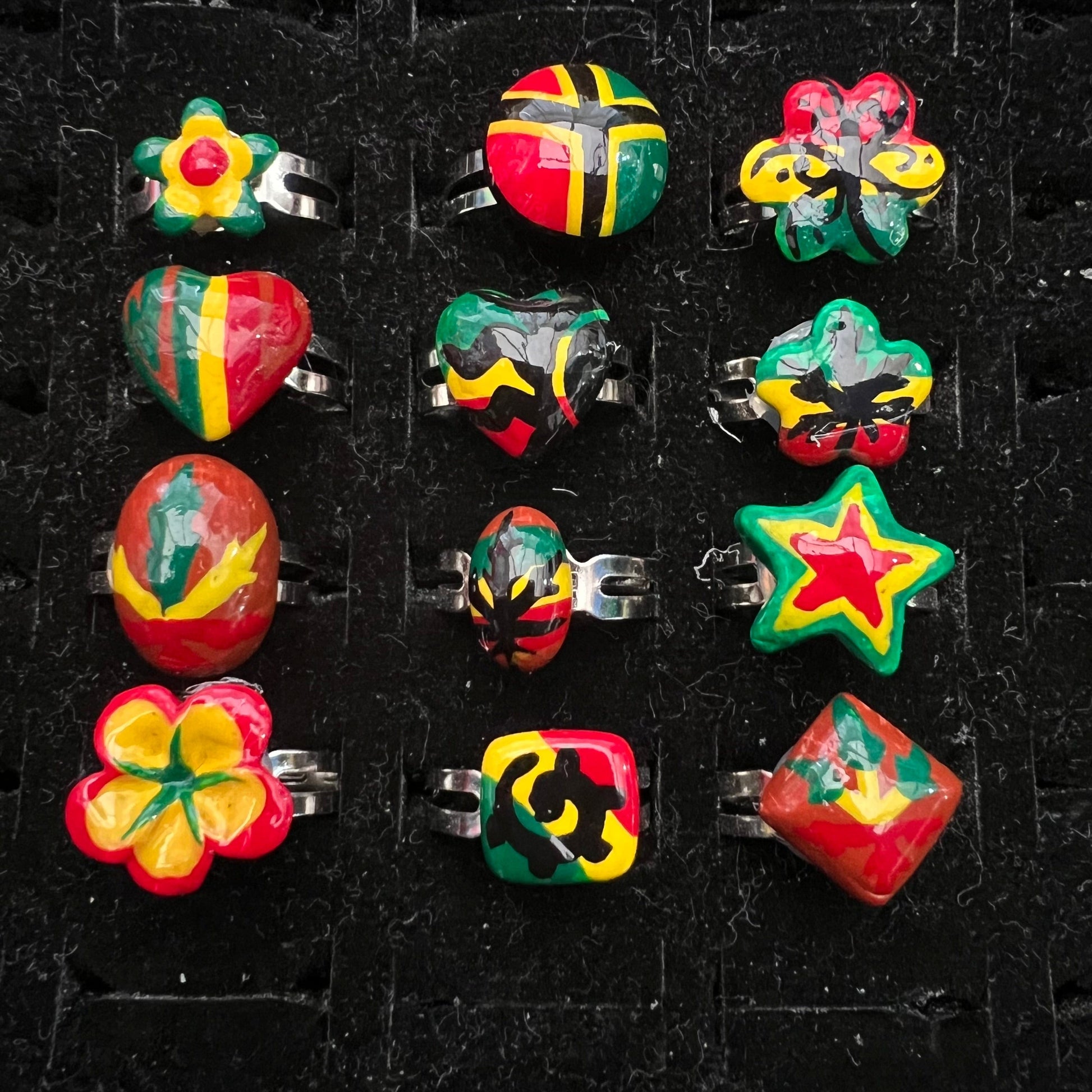 12x Heart weed star  flower Rasta painted Rings Adjustable rings