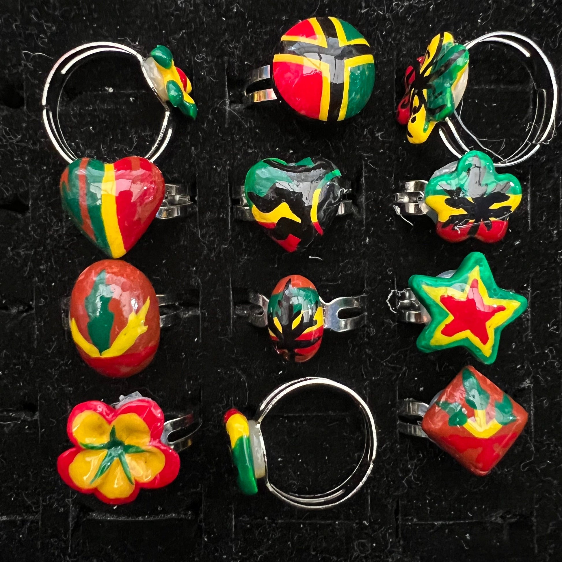 12x Heart weed star  flower Rasta painted Rings Adjustable rings