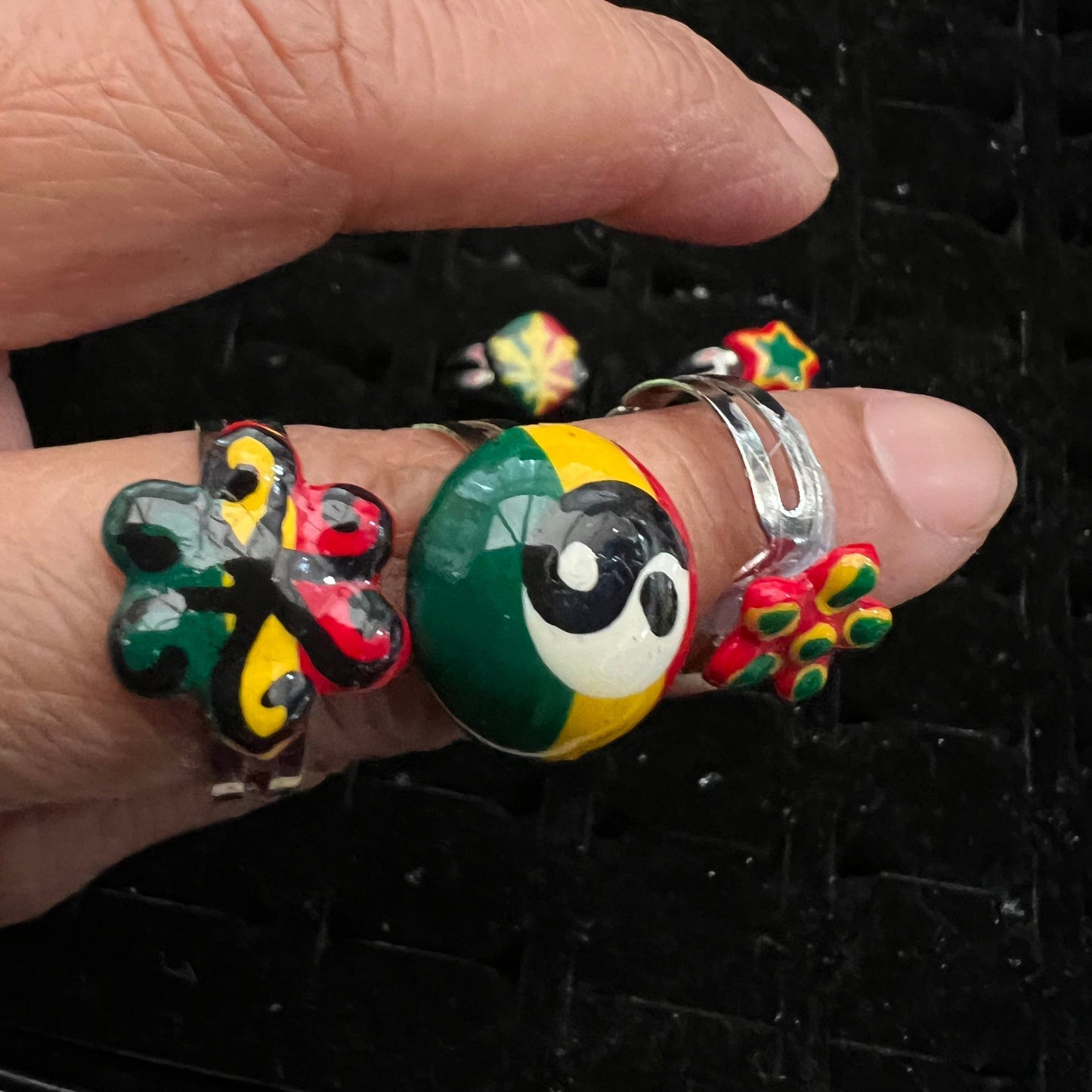 6xRasta painted rings YinYang flower star weed painted Resizeable rings