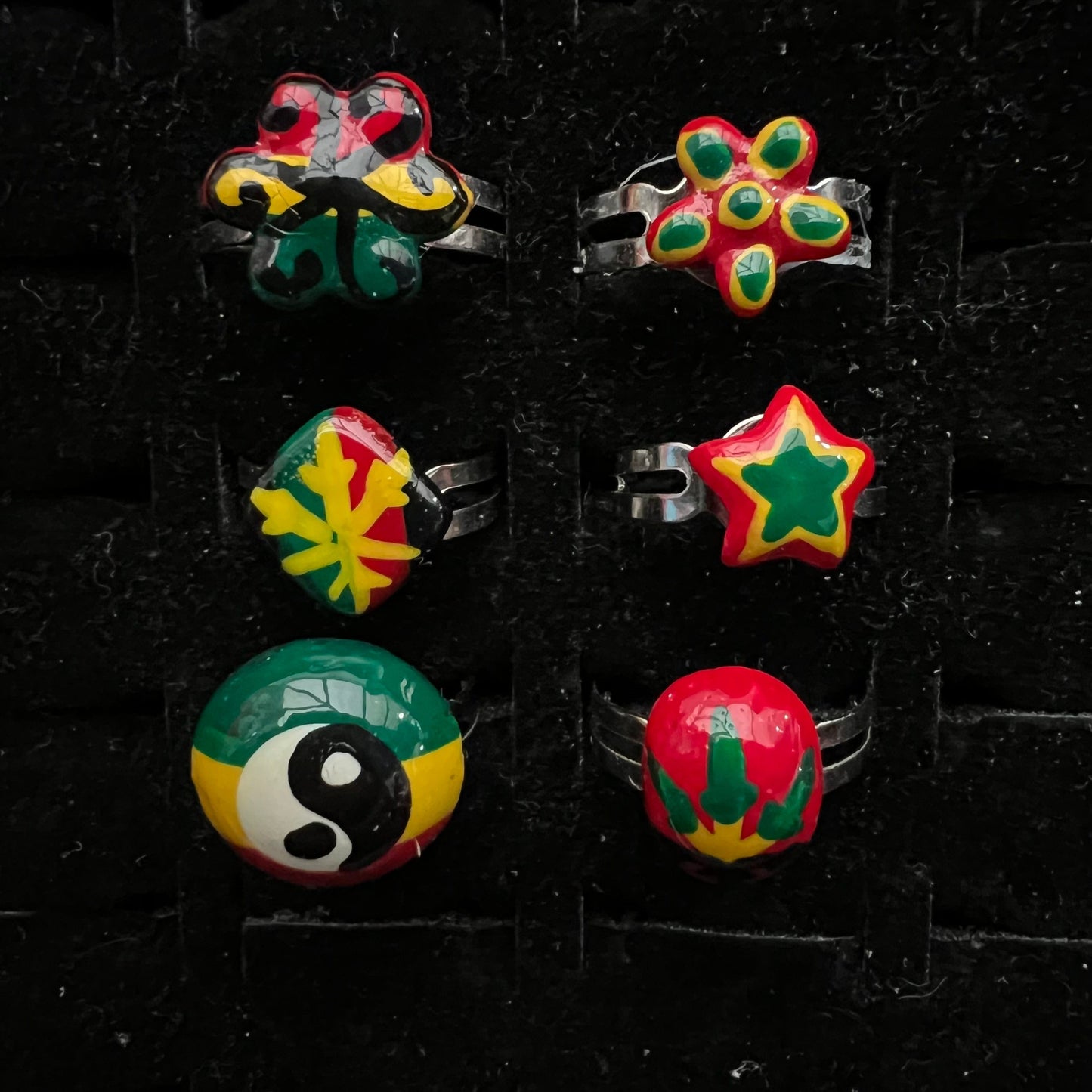 6xRasta painted rings YinYang flower star weed painted Resizeable rings