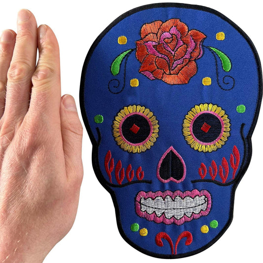 Big Large Blue Floral Sugar Skull Patch Iron Sew On Jacket Bag Embroidered Badge