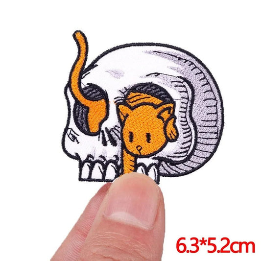 Cat Skull Patch Iron Sew On Clothes Hat Embroidered Badge Decal Applique Motif