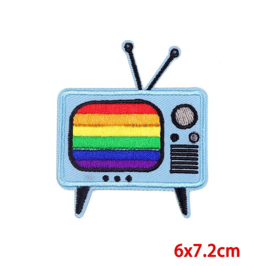 Classic Old Blue Rainbow Retro Television TV Patch Iron Sew On Embroidered Badge