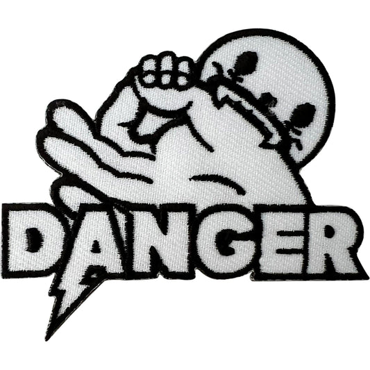 DANGER Lightning Hand Monster Fangs Patch Iron On Sew On White Embroidered Badge