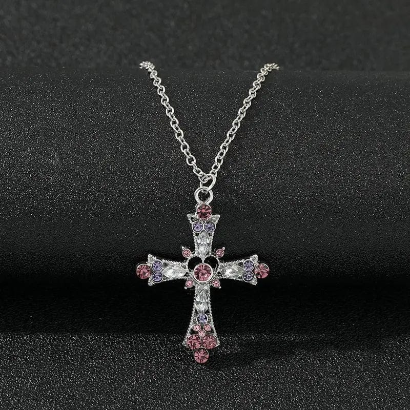 Silver Cross Black Necklace Crystal Goth Mens Pendant