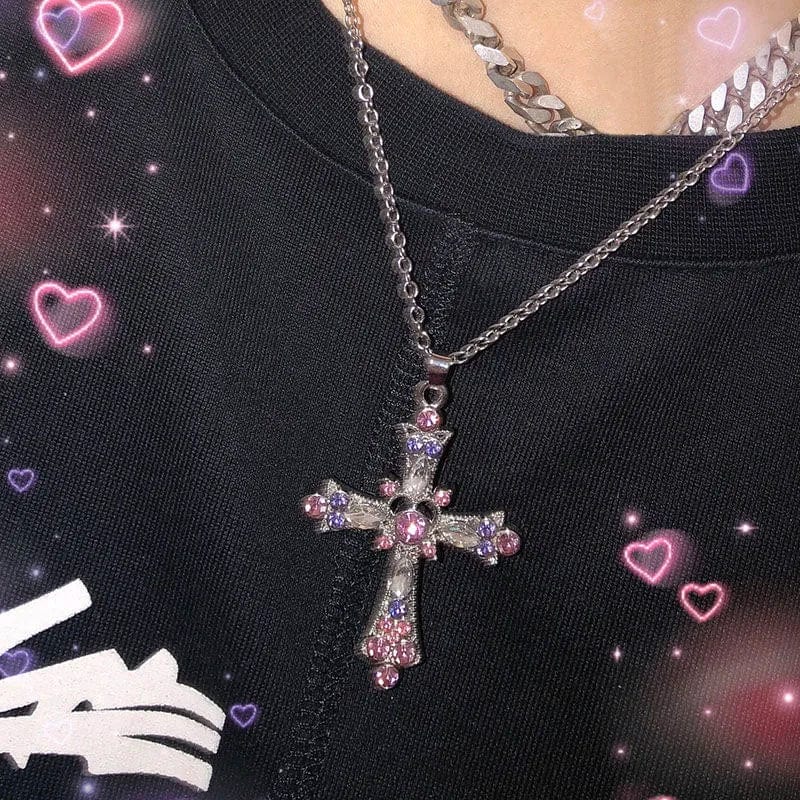 Gothic Irregular Cross Clavicle Chain Necklace: Crystal-Embellished Statement Piece for Women and Men - Aesthetic Jewelry