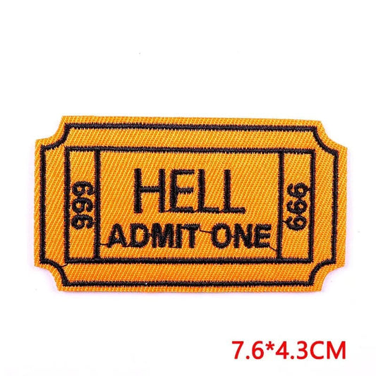 Hell Admit One 666 Ticket Sew Iron On Patch Clothing Bag Embroidered Badge Motif