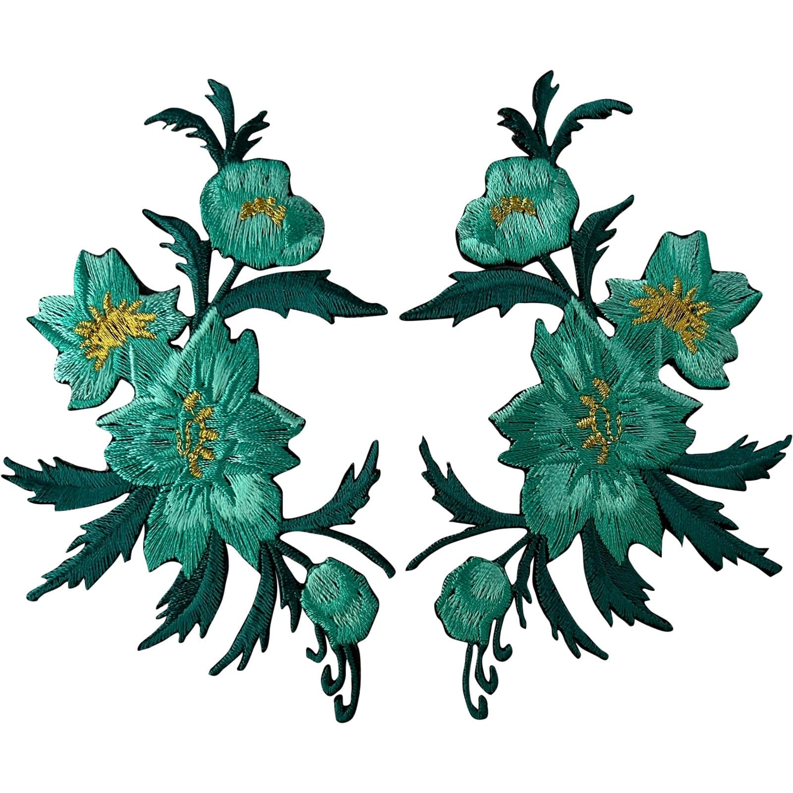 Pair of Turquoise Green Flower Patch Iron Sew On Dress Floral Embroidered Badge