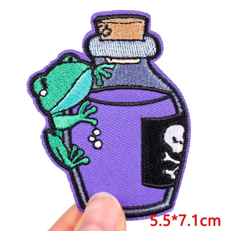 Poison Bottle Frog Embroidery Patch Iron Sew On Clothes Bag Motif Applique Decal