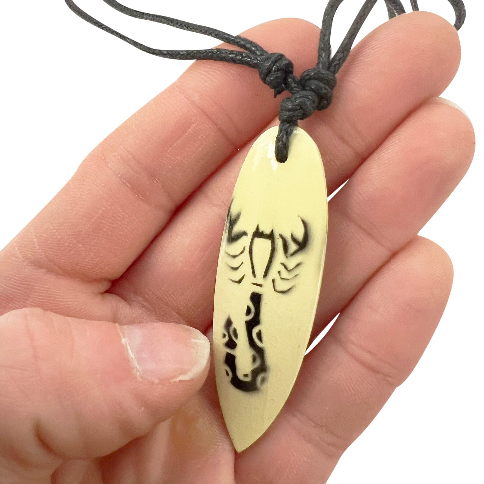 Scorpion Wood Surfboard Pendant Necklace Black Cord Chain Mens Womens Jewellery