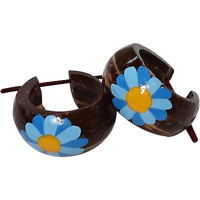 Blue Flower Brown Wooden Hoop Stick Huggie Stud Earrings Womens Ladies Jewellery Blue Flower Brown Wooden Hoop Stick Huggie Stud Earrings Womens Ladies Jewellery