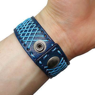 Blue Leather Cuff Bracelet Wristband Bangle Mens Womens Ladies Girls Boys Kids