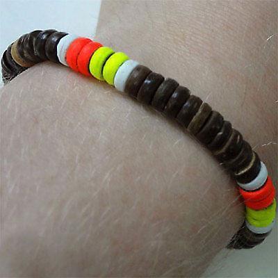 Brown Wood Neon UV Fluorescent Bead Surfer Bracelet Wristband Bangle Mens Ladies