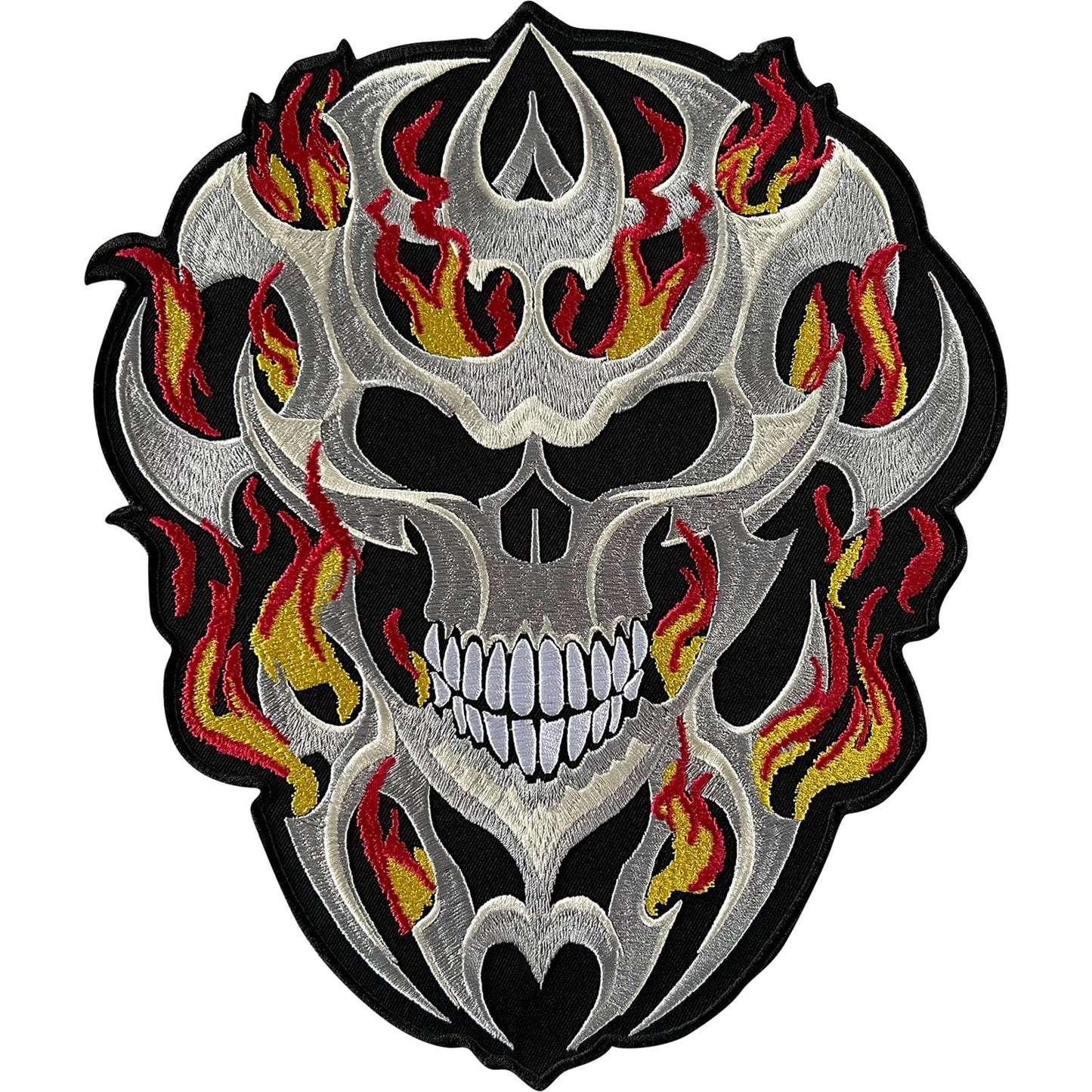 Large Skull Fire Flames Patch Iron Sew On T Shirt Jacket Big Embroidered Badge