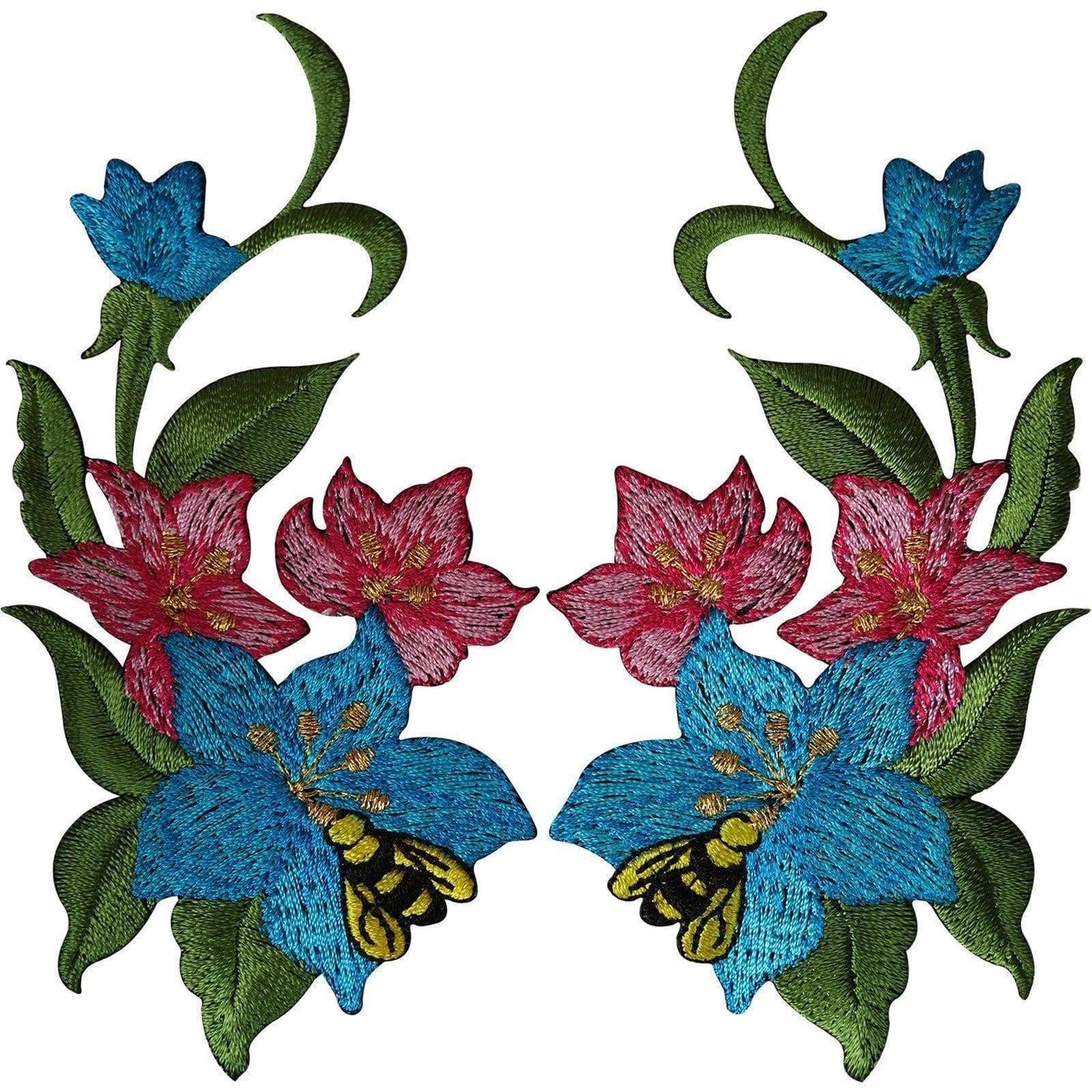 Pair of Flower Patches Iron Sew On Embroidered Patch Badge Bee Wasp Lily Flowers