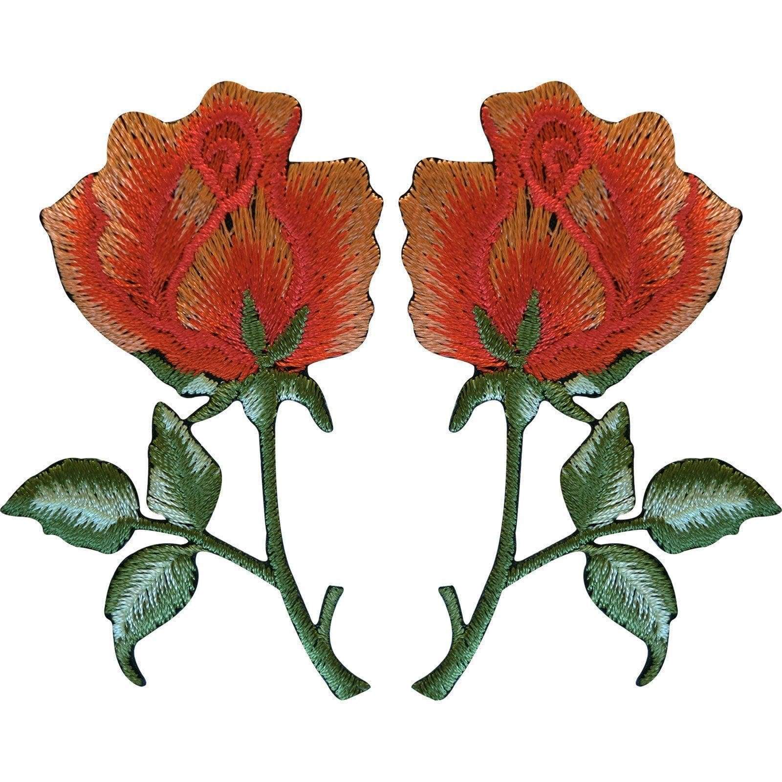 Pair of Peach Orange Roses Patches Iron On Sew On Embroidered Rose Flower Patch