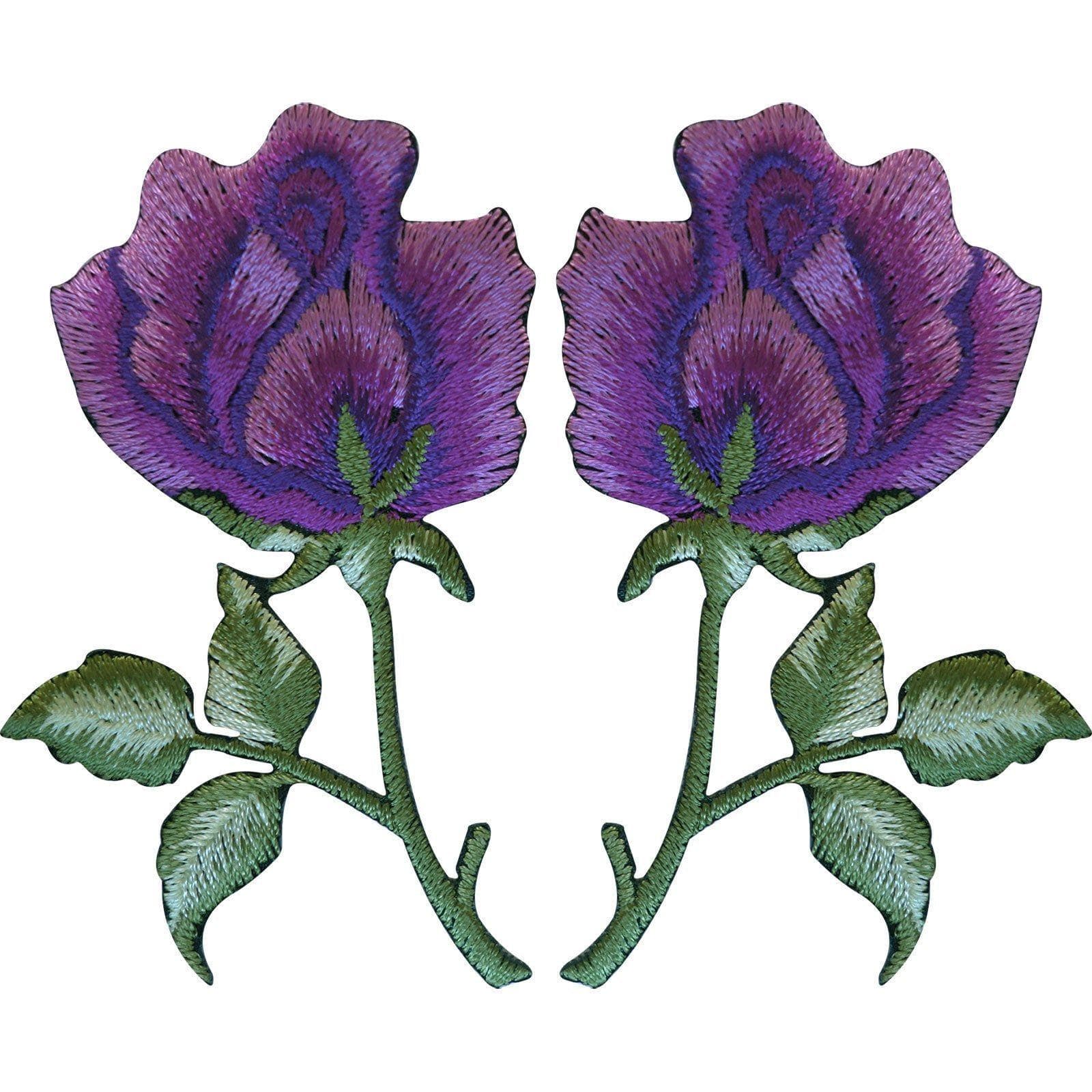 Pair of Purple Rose Patches Iron On Sew On Embroidered Roses Flower Patch Badge