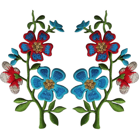 Pair of Red Blue Flower Patches Iron On Sew On Flowers Embroidered Patch Badge