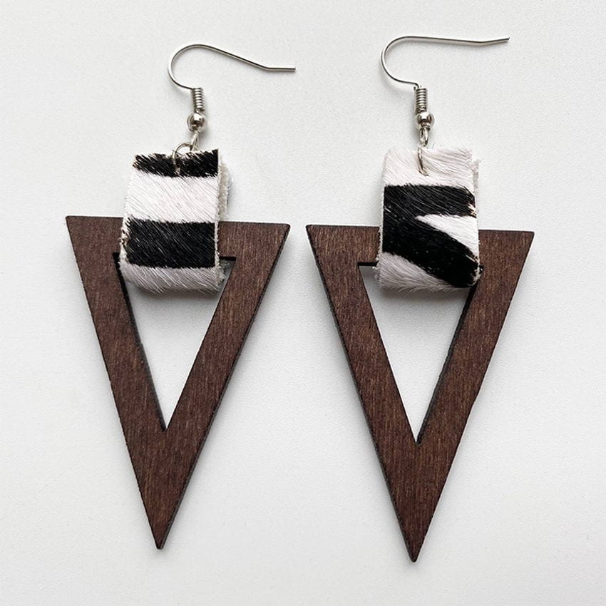 Zebra Triangle Wood Dangle Hook Earrings